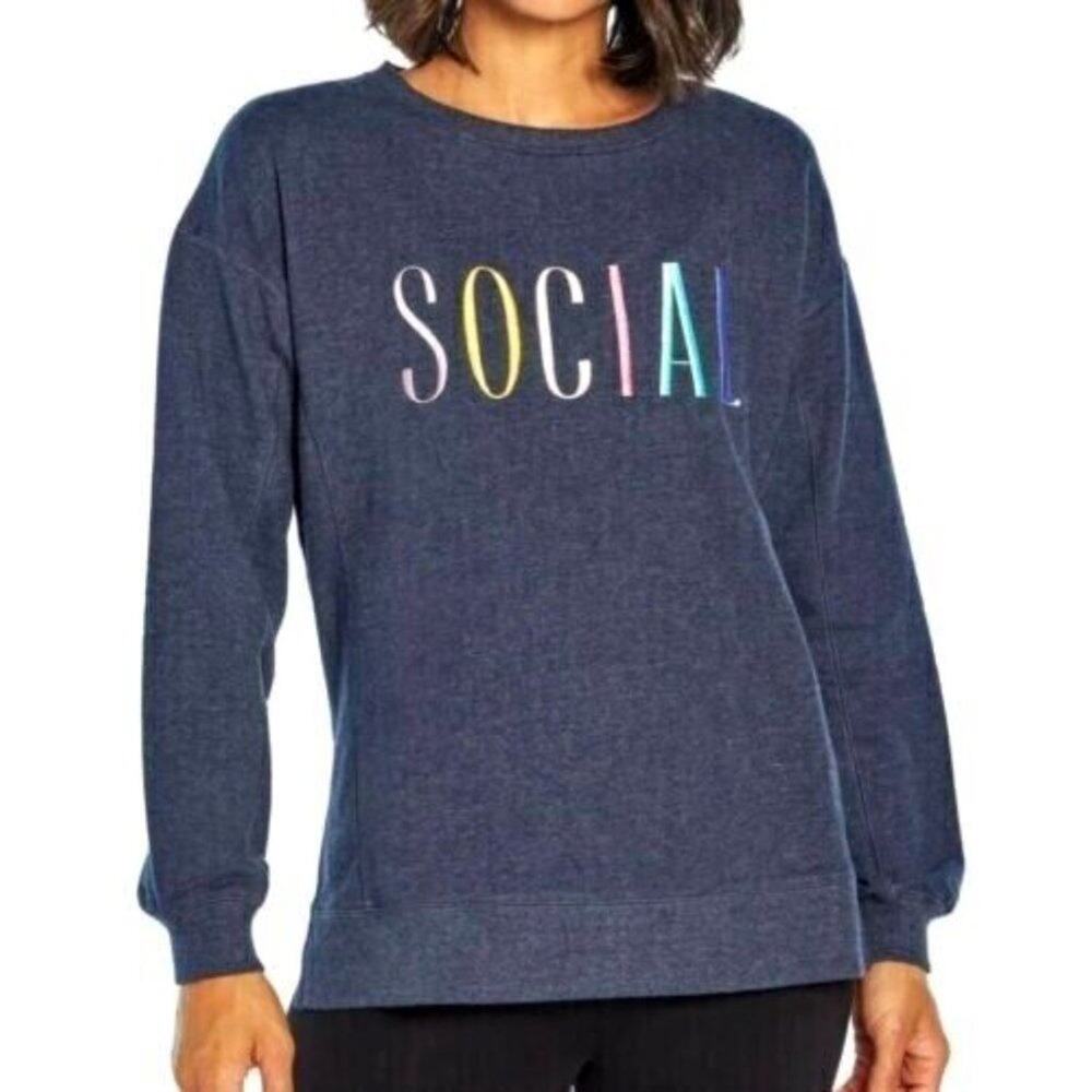 Wildfox SOCIAL Embroidered Navy Blue Long Sleeve Sweatshirt Size Small
